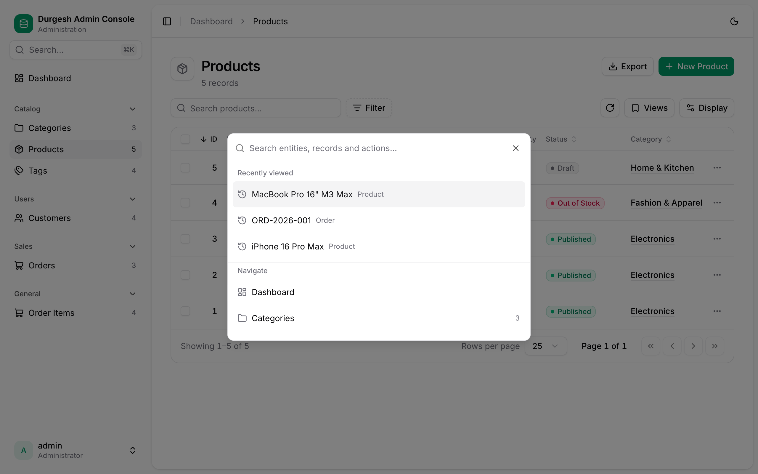 Command palette listing recently viewed records and entities