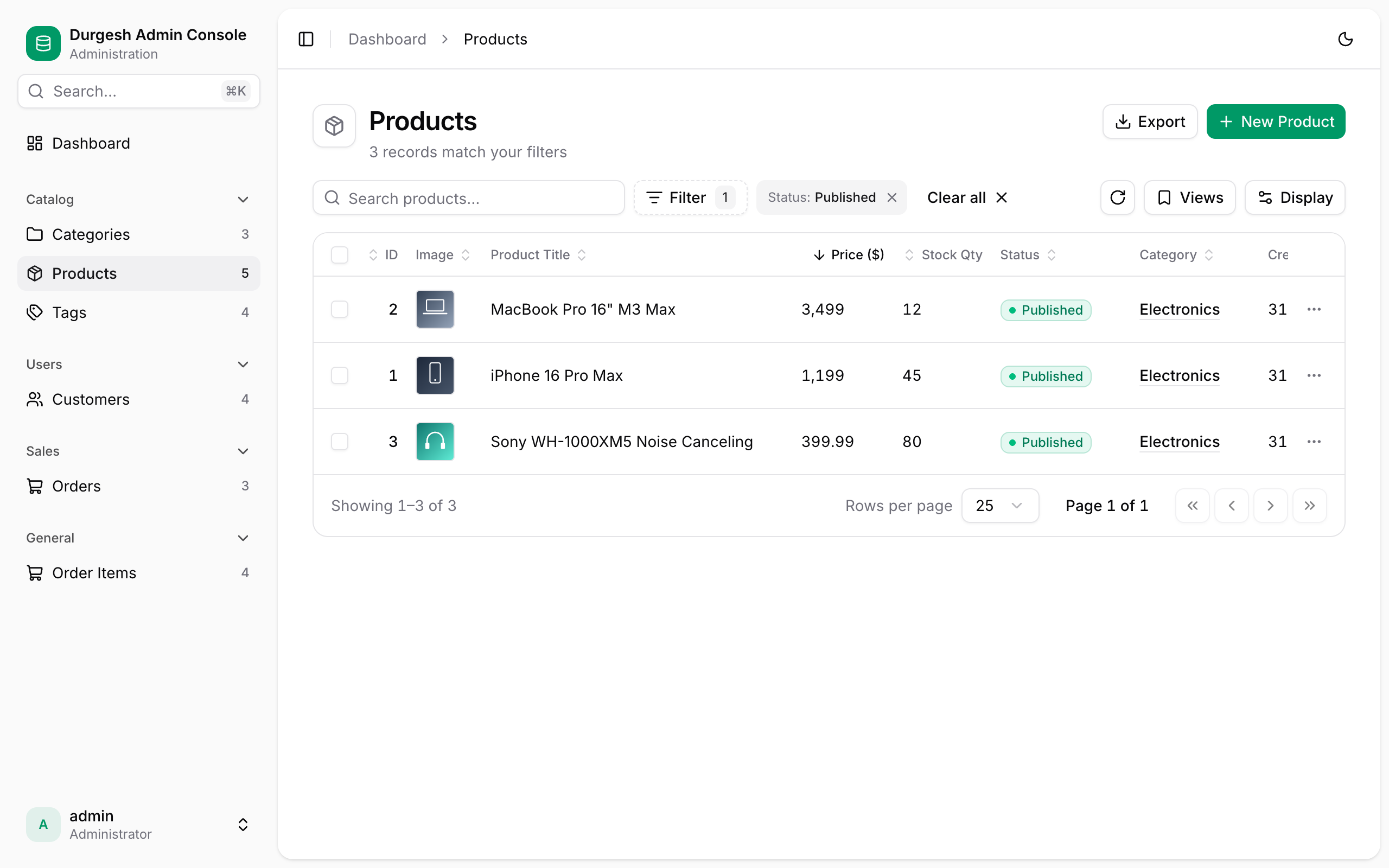 Products table with status badges, image thumbnails, filters and pagination