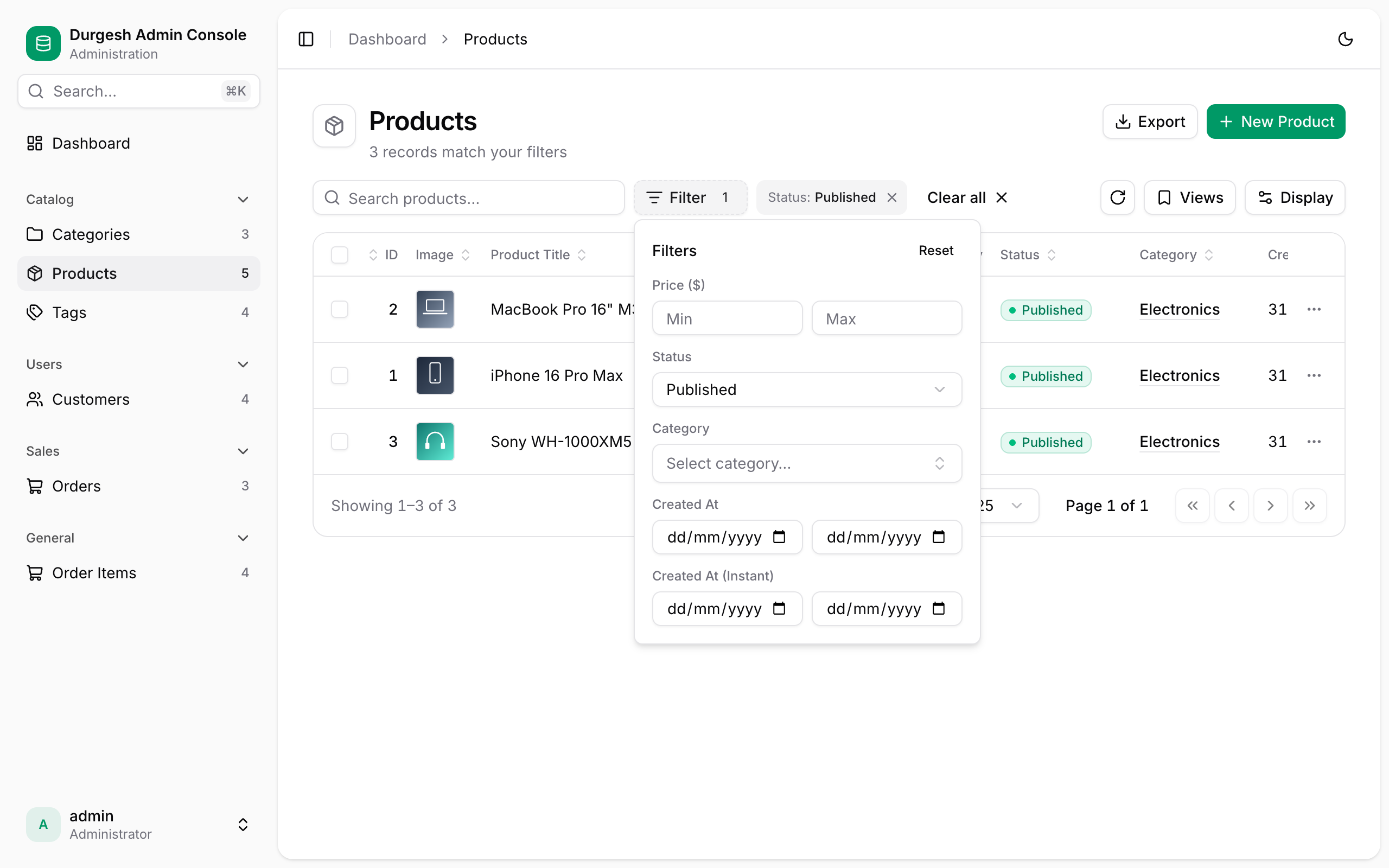 Filter panel with price range, status and category picker