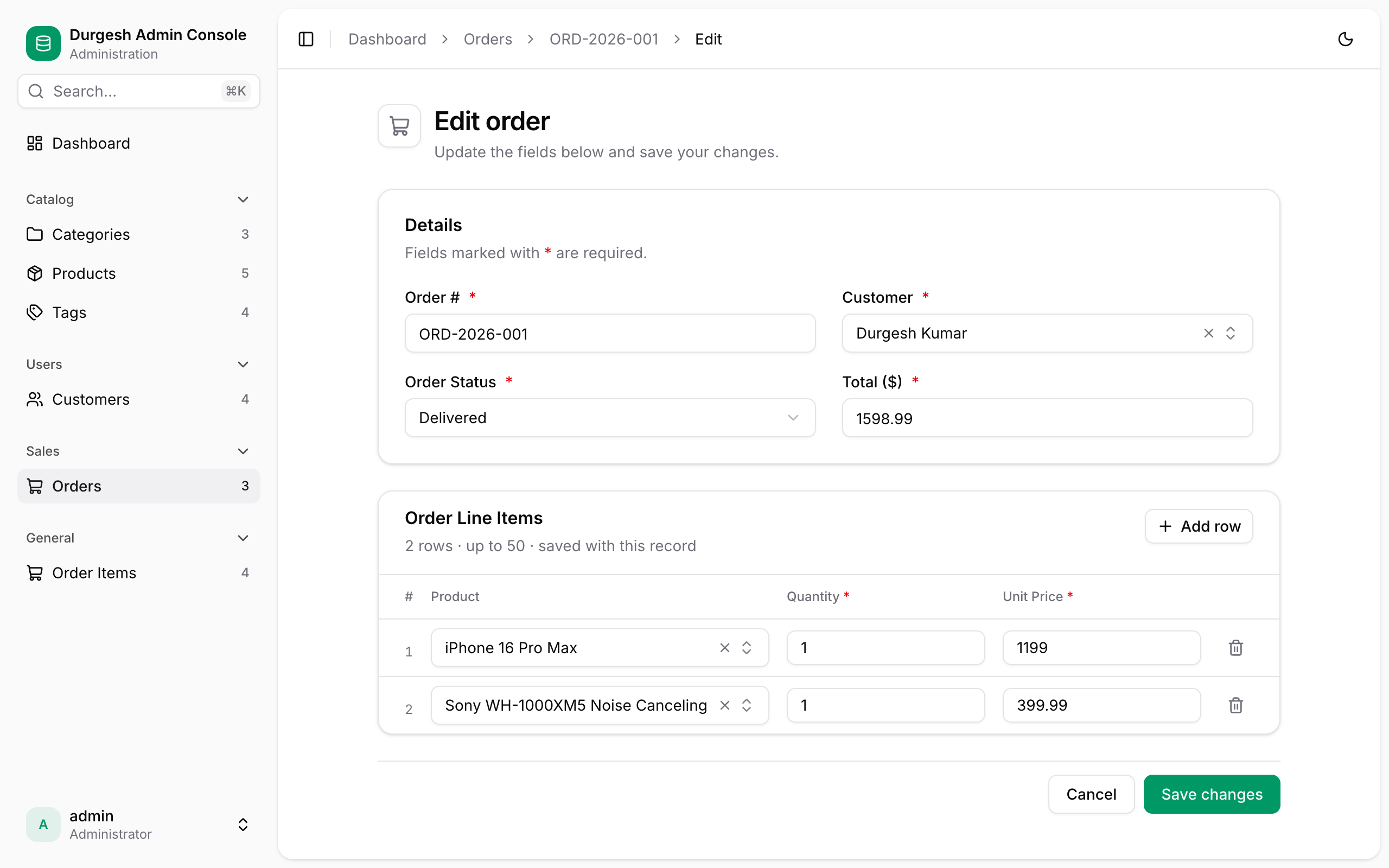 Order form with editable order line items