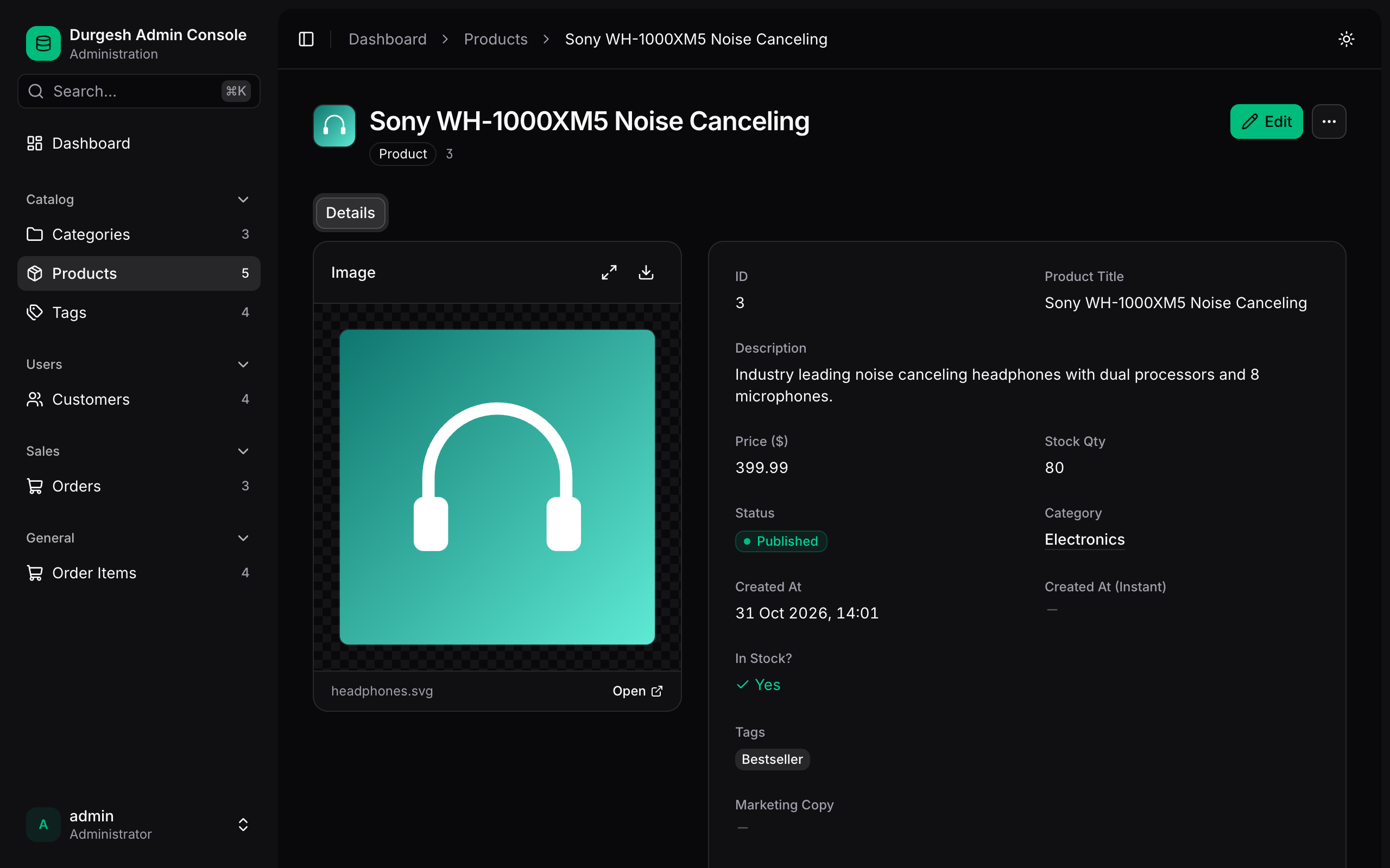 Product detail page in dark mode