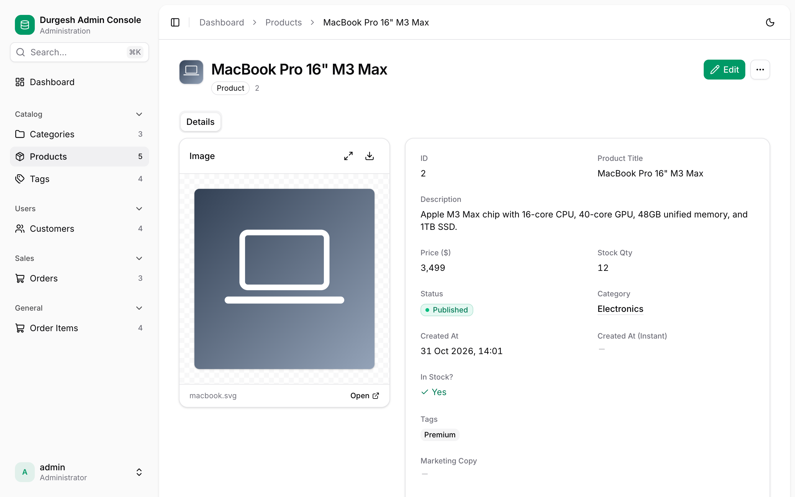 Product detail page with an image panel and formatted fields