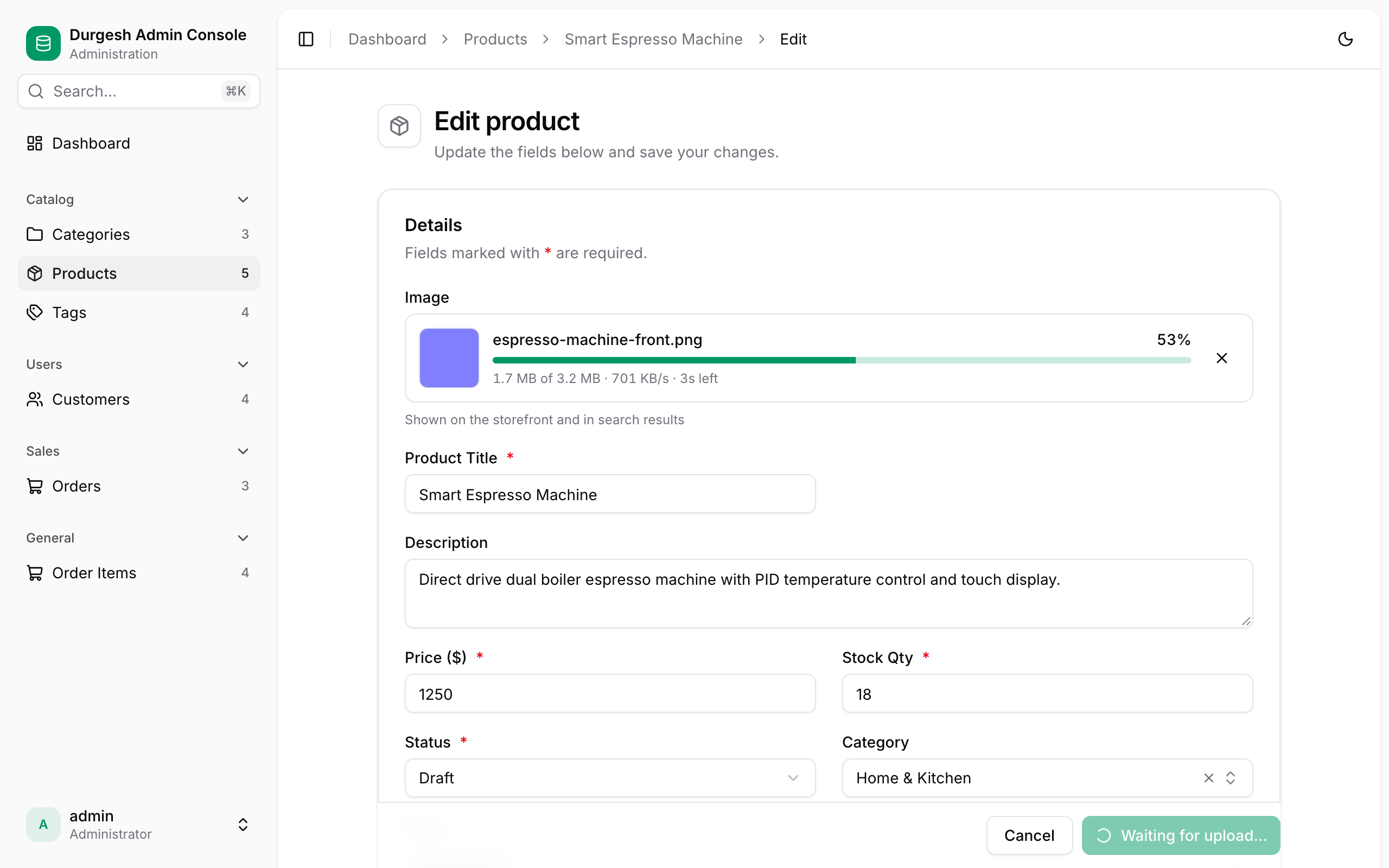 Image upload showing a live progress bar with speed and time left